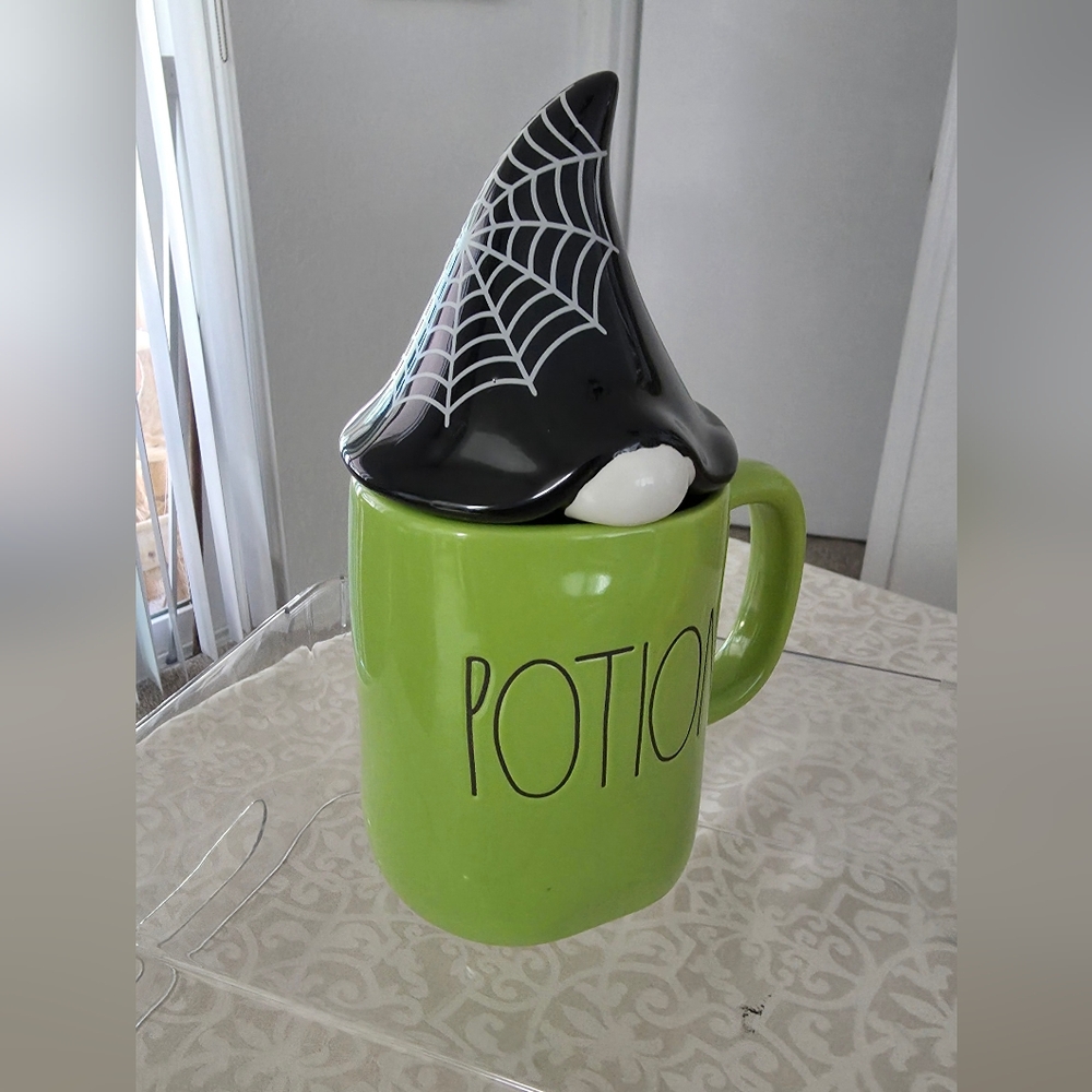 POTION Rae Dunn Green Mug W/Bonus Black Gnome Spiderweb Topper Lid